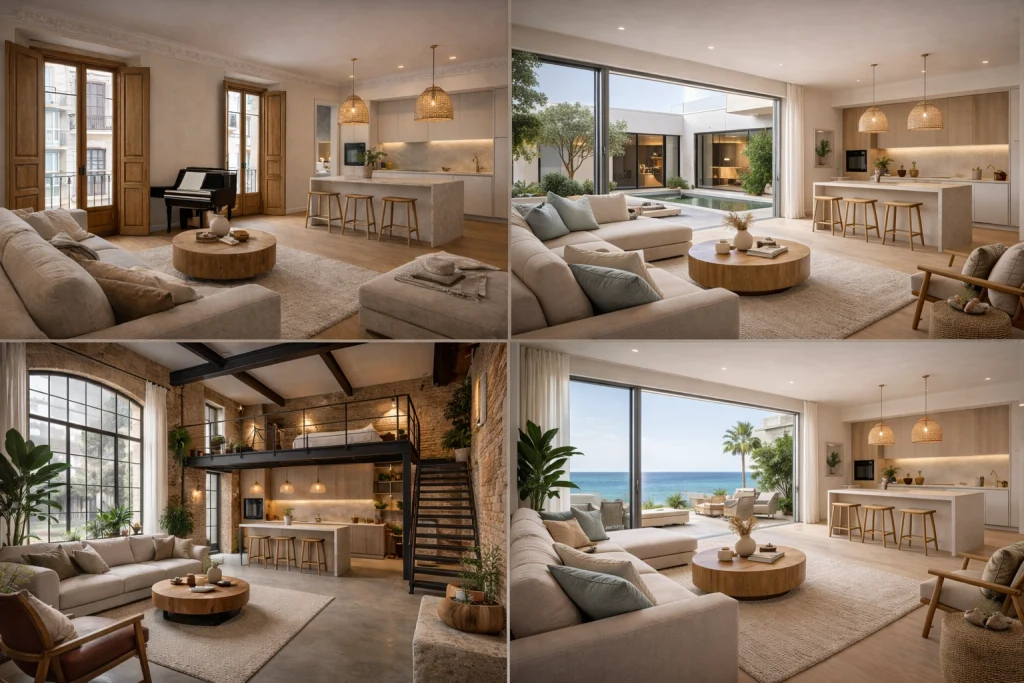 Selección de proyectos de interiorismo en Málaga con luz natural, materiales naturales y diseño mediterráneo contemporáneo