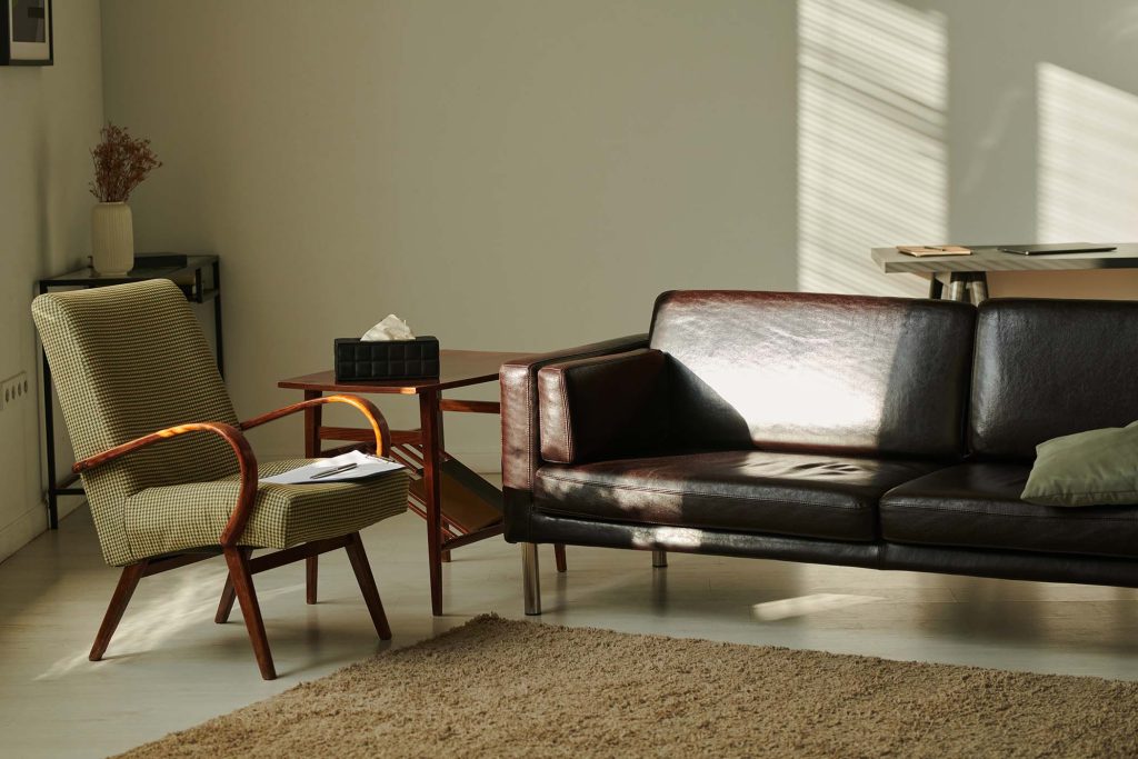 Salón con sofá de cuero oscuro y sillón retro iluminados por luz natural