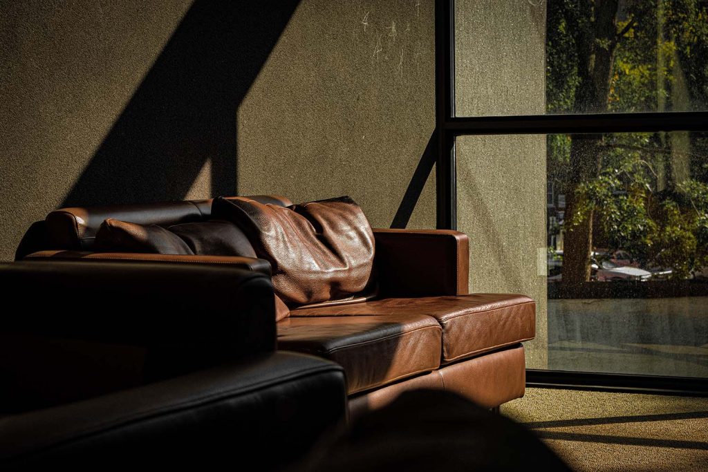 Sofá de cuero marrón iluminado por luz natural en un salón de diseño elegante