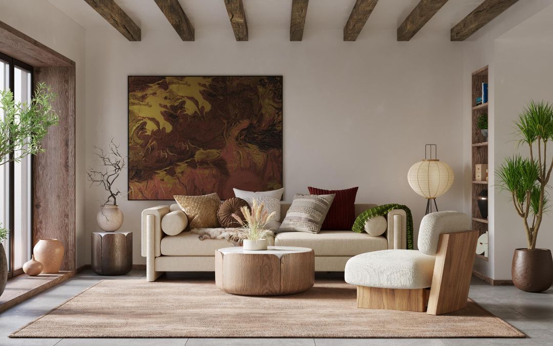 tendencias de diseño de interiores 2025 con materiales naturales y paleta cromática suave