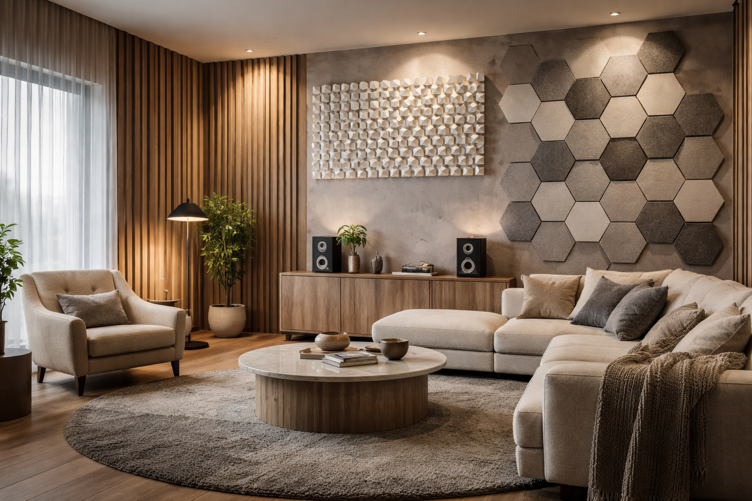diseño de interiores con música en salón moderno con guitarra y paneles acústicos decorativos