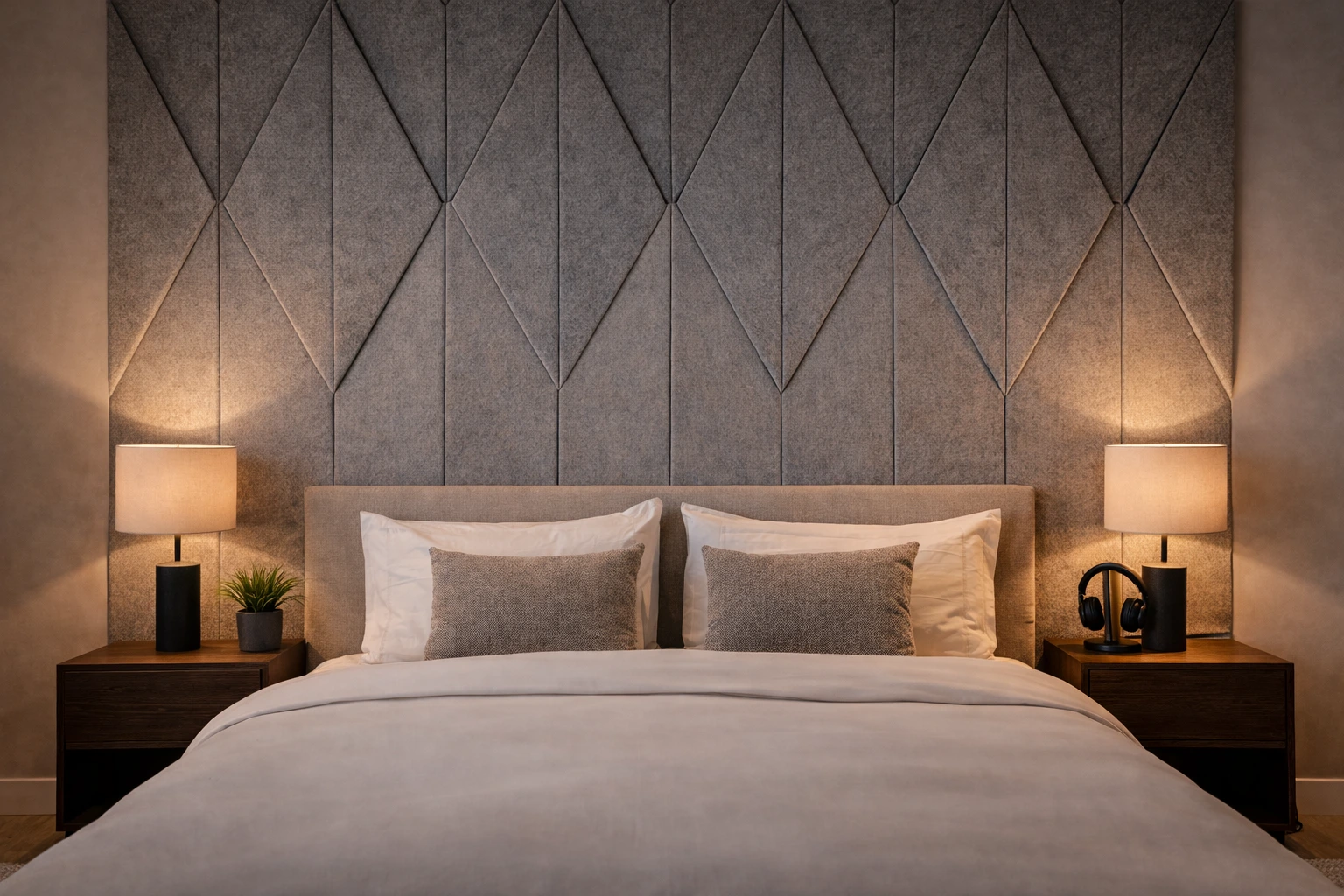 paneles acústicos decorativos integrados en salón contemporáneo con diseño minimalista