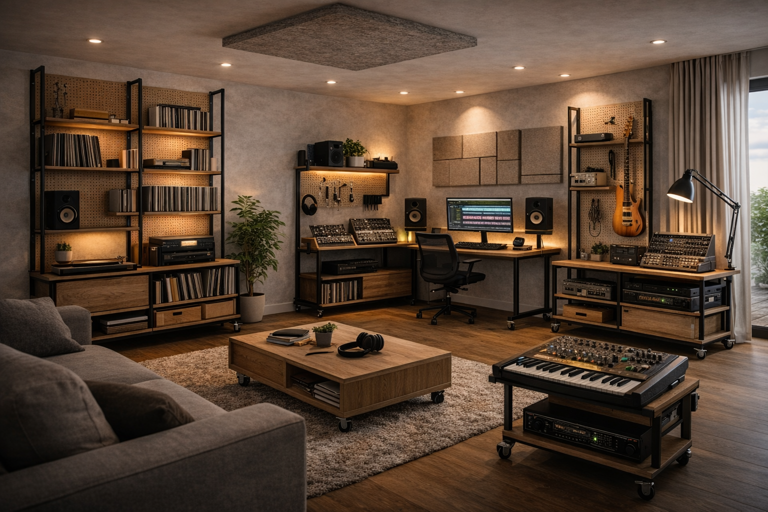 diseño de interiores con música en salón moderno con guitarra y paneles acústicos decorativos