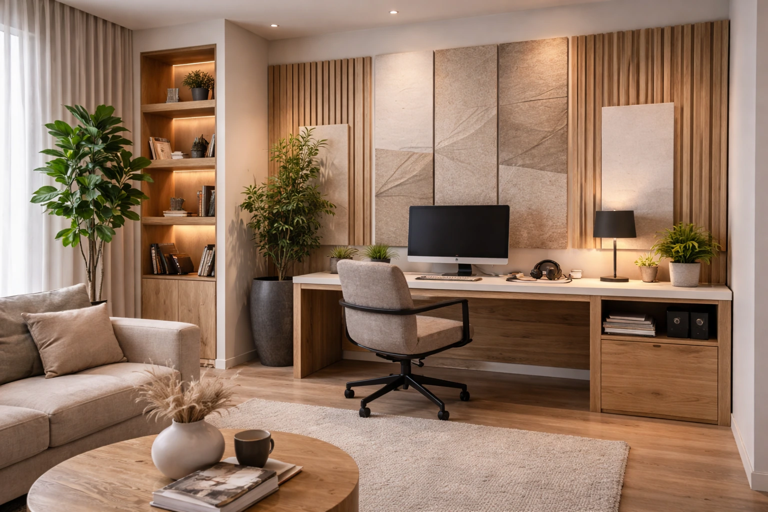 paneles acústicos decorativos integrados en salón contemporáneo con diseño minimalista