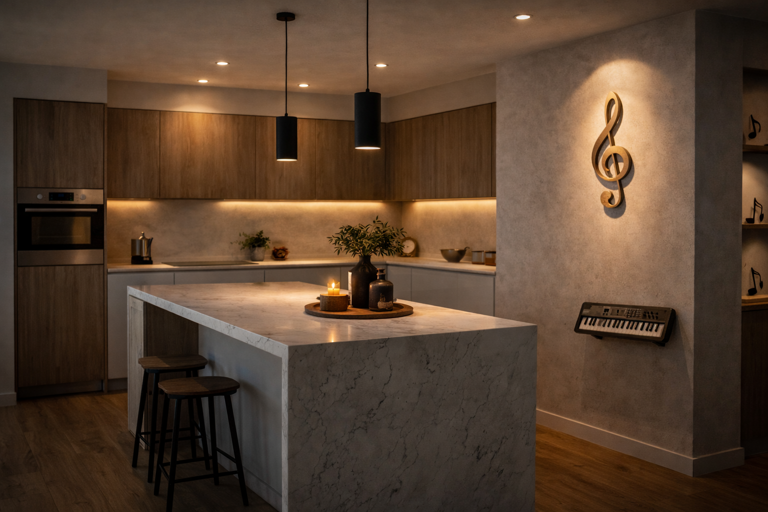 diseño de interiores con música en salón moderno con guitarra y paneles acústicos decorativos