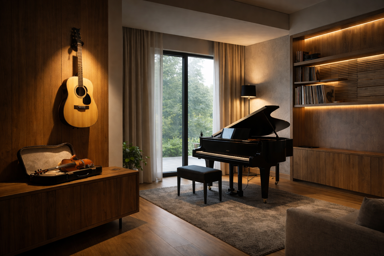 diseño de interiores con música en salón moderno con guitarra y paneles acústicos decorativos