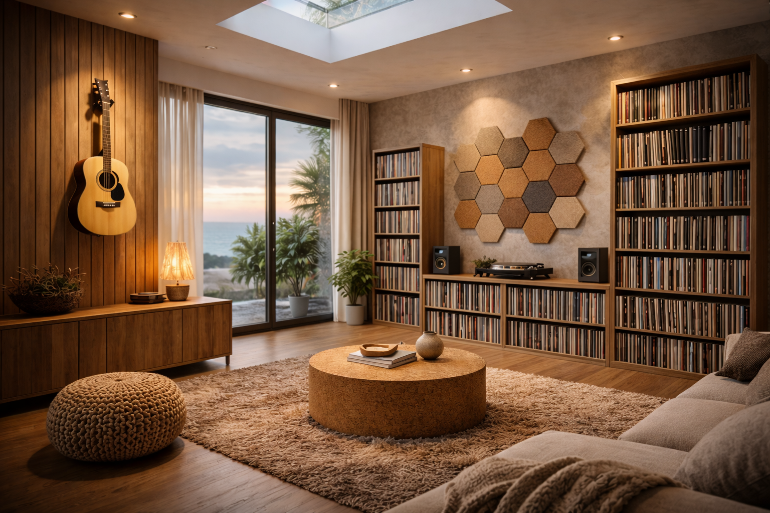 diseño de interiores con música en salón moderno con guitarra y paneles acústicos decorativos