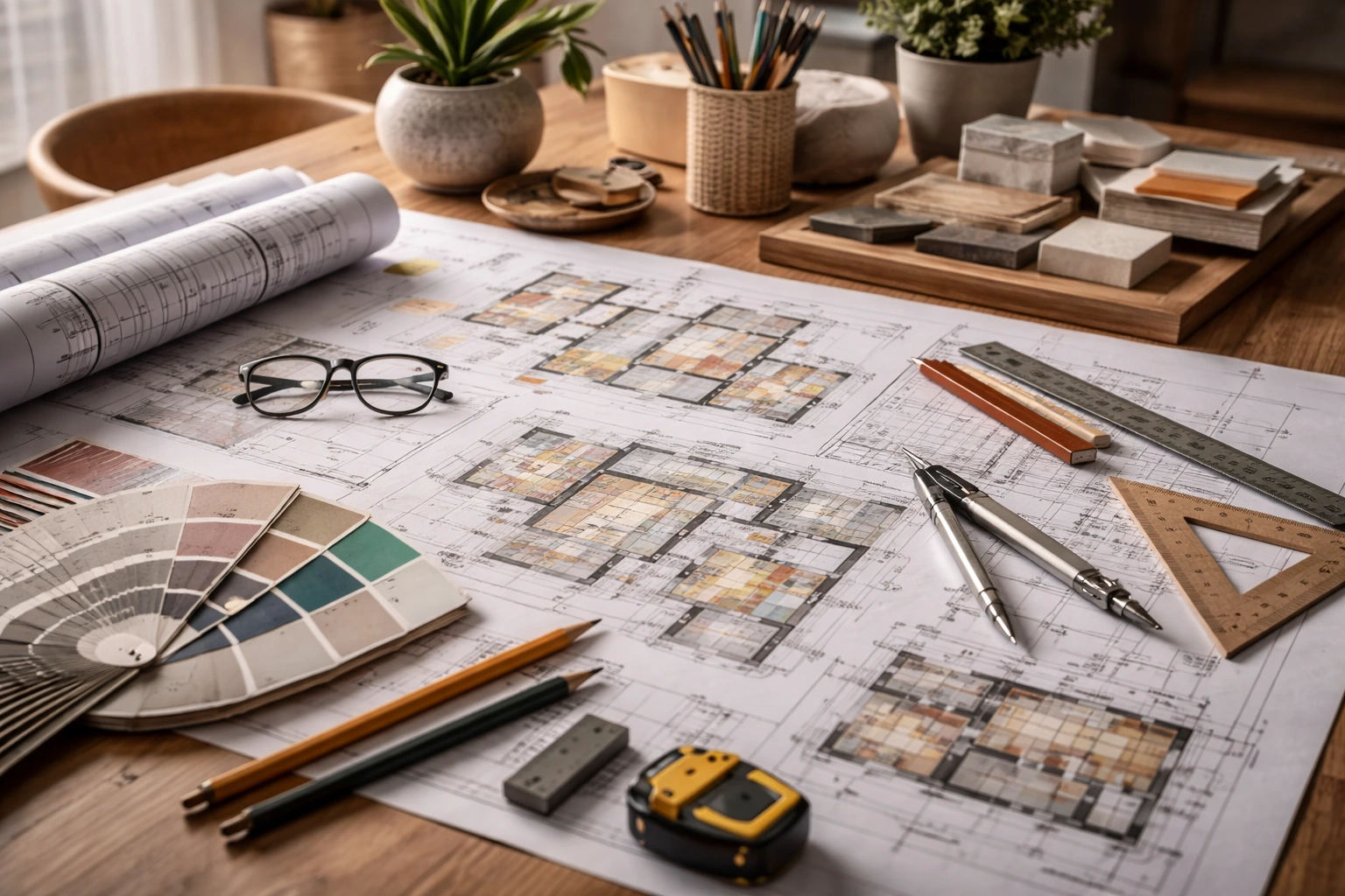 estudio de diseño de interiores trabajando en proyecto residencial con moodboard y muestras de materiales