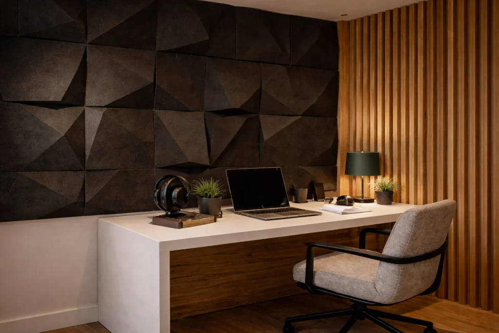 espacho moderno con paneles acústicos decorativos geométricos y lamas de madera