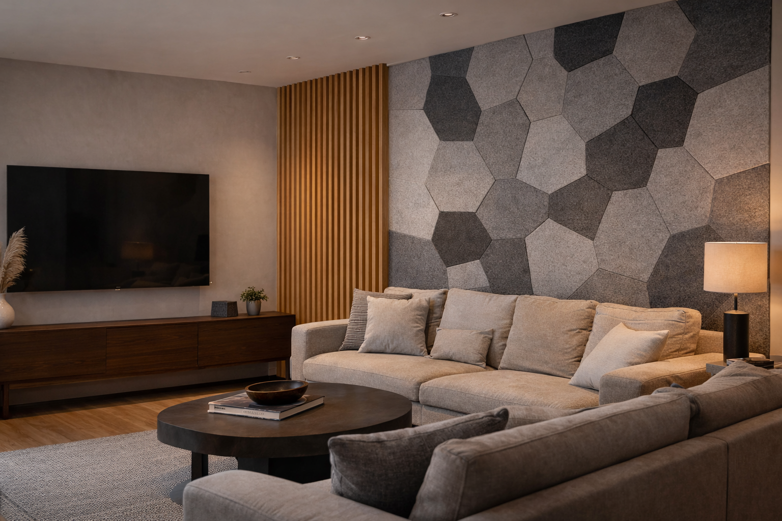 paneles acústicos decorativos integrados en salón contemporáneo con diseño minimalista