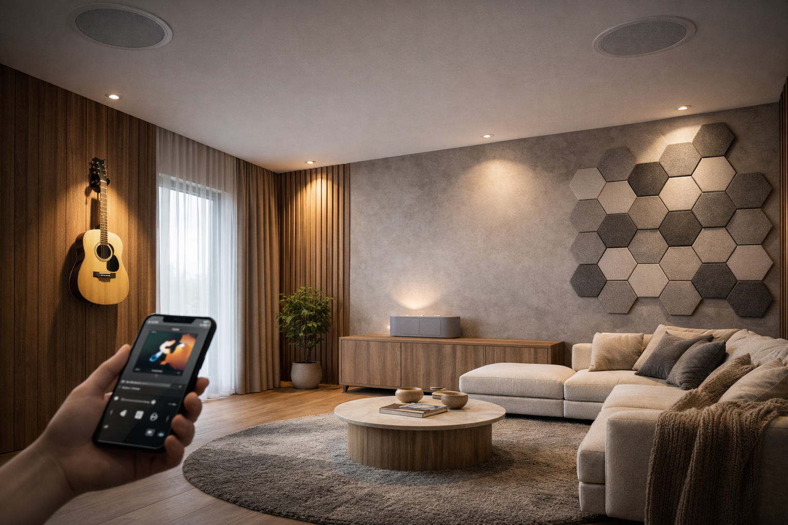 diseño de interiores con música en salón moderno con guitarra y paneles acústicos decorativos