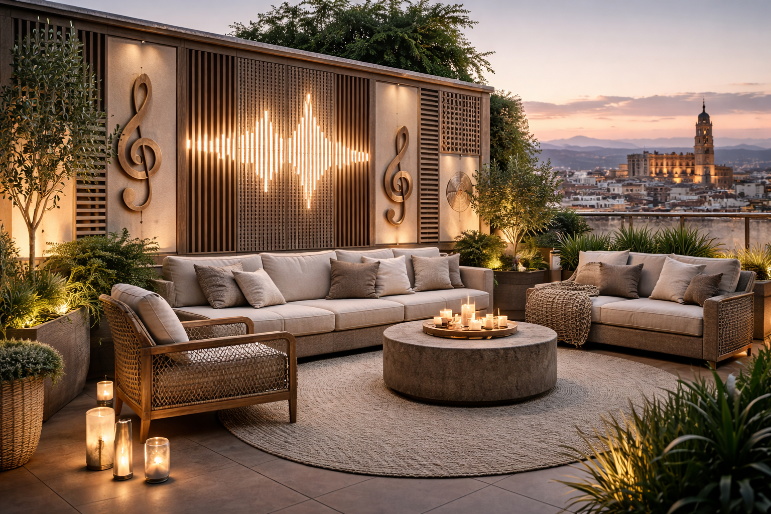 paneles acústicos decorativos integrados en salón contemporáneo con diseño minimalista