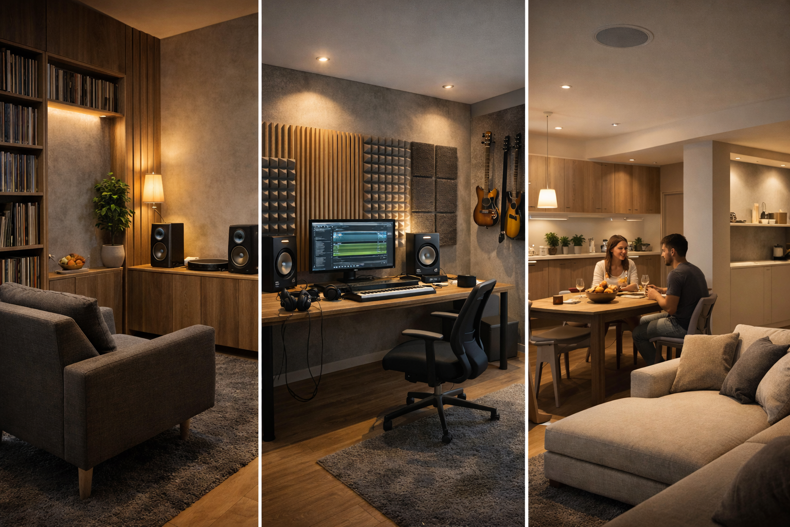 diseño de interiores con música en salón moderno con guitarra y paneles acústicos decorativos