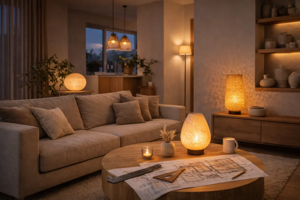 Salón contemporáneo con iluminación circadiana cálida y lámparas escultóricas