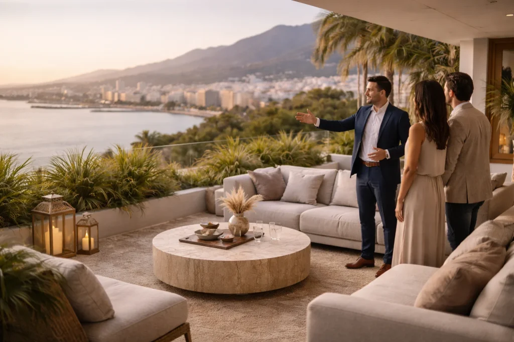 Terraza de diseño con vistas a la bahía de Málaga y zona de estar exterior de alta gama