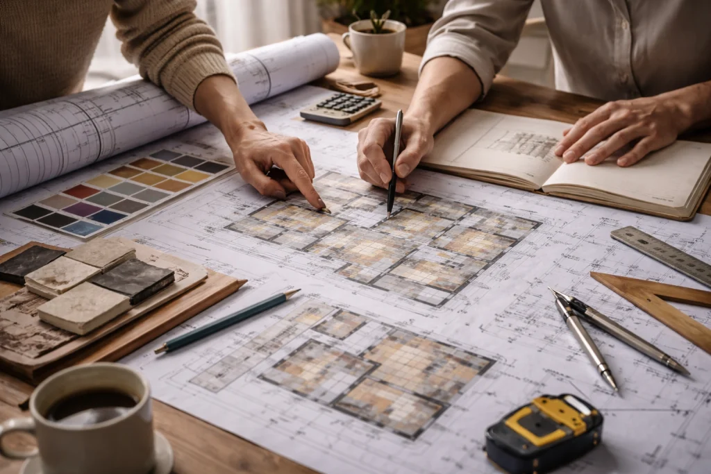 Manos de interioristas trabajando sobre planos y bocetos de diseño de interiores