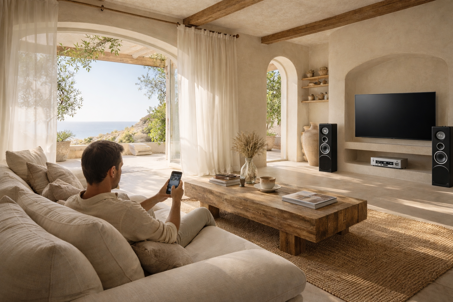 sistemas multiroom en el hogar integrados discretamente en salón contemporáneo